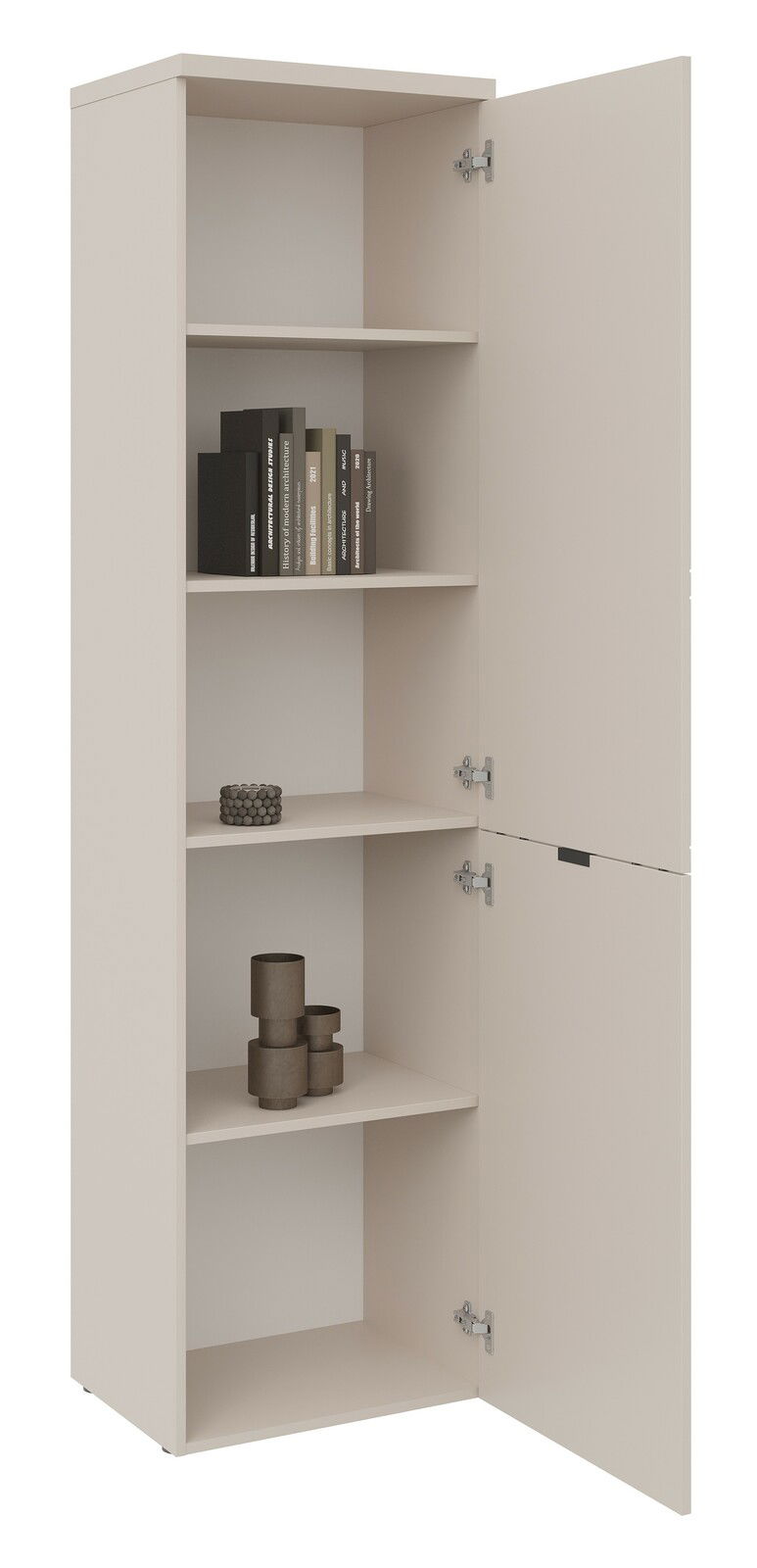 Hochformatiges, einflügeliges Standelement mit geöffneter Tür, zeigt mehrere Regalböden mit Büchern und Dekorationen, Perspektive von vorne.