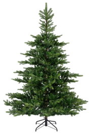 Kunstkerstboom met een hoogte van 180 cm en een diameter van 132 cm, van voren gefotografeerd op een stevige metalen standaard.