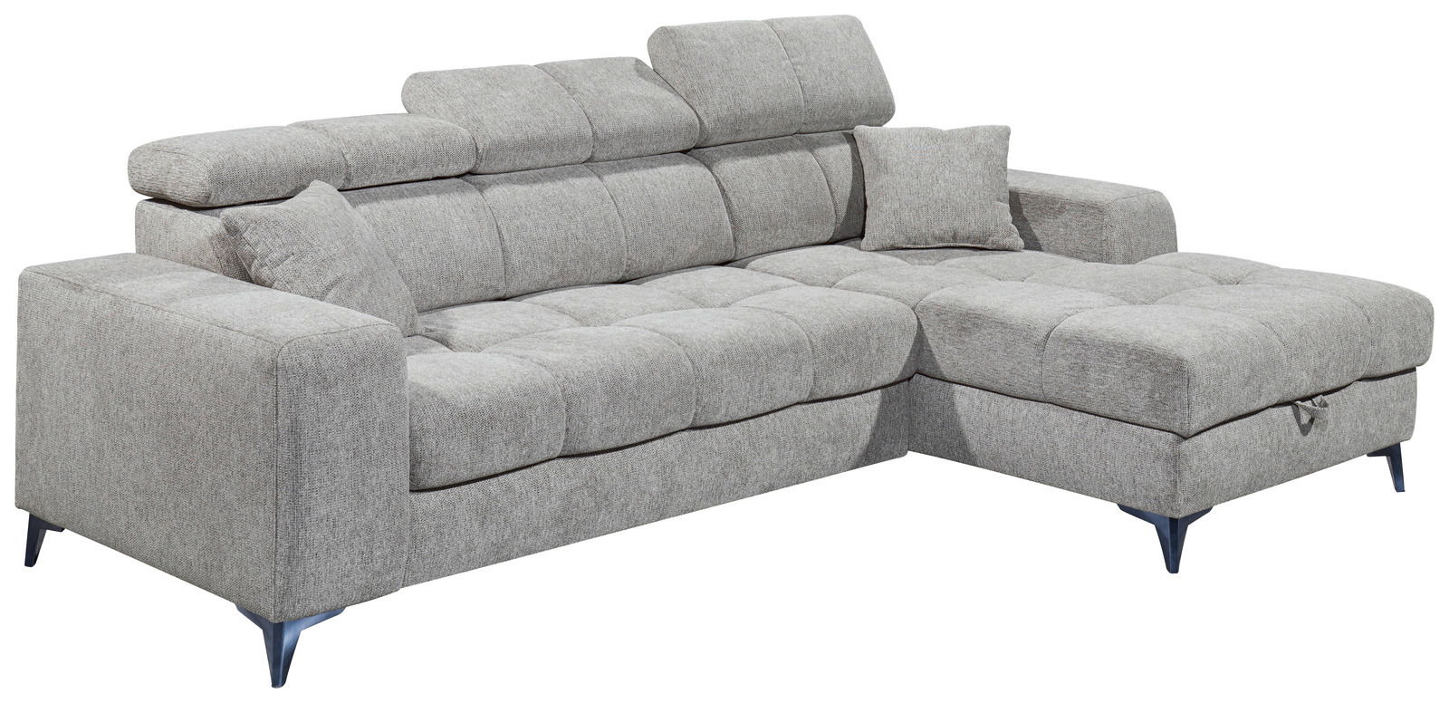 Graues Ecksofa mit verstellbaren Kopfstützen und einem Kissen, Perspektive von vorne links