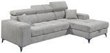Graues Ecksofa mit verstellbaren Kopfstützen und einem Kissen, Perspektive von vorne links