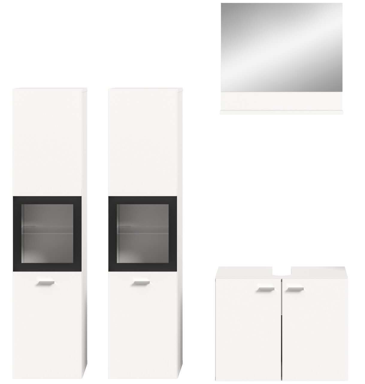 Frontale Ansicht einer modernen Badkombination mit zwei hohen weißen Schränken, einem Spiegel und einem Unterschrank.