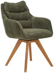 Grüner Armlehnstuhl mit Holzbeinen, seitliche Perspektive