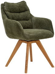 Grüner Armlehnstuhl mit Holzbeinen, seitliche Perspektive