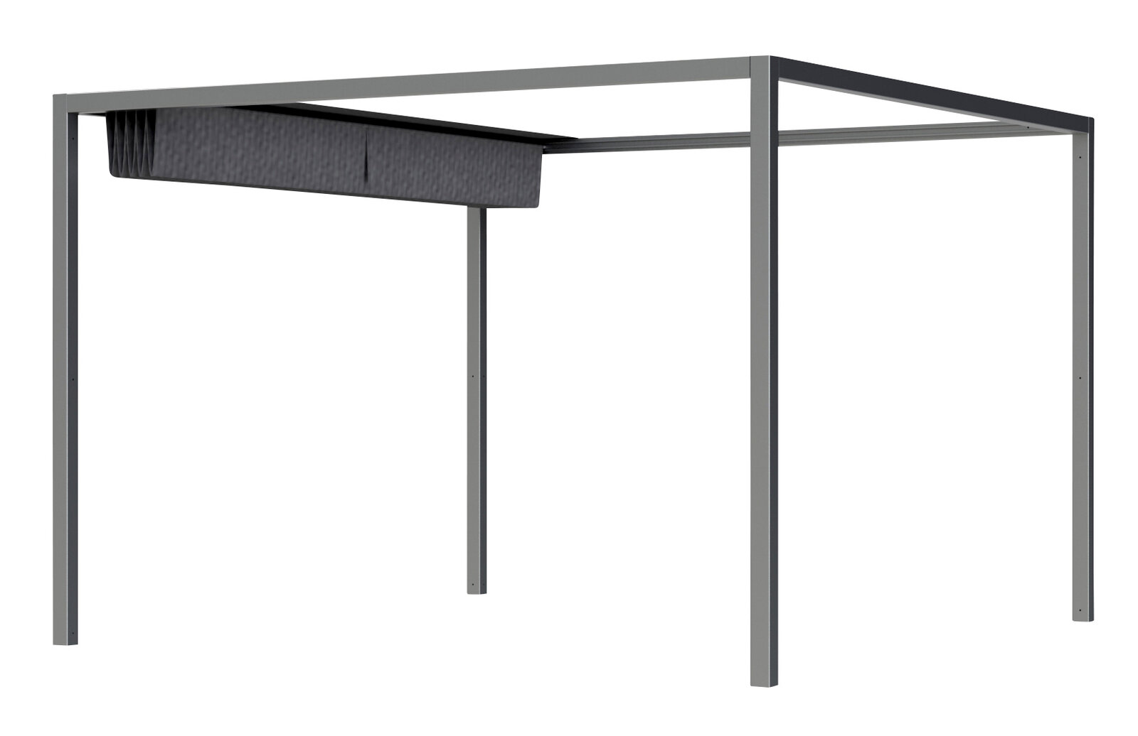 Seitliche Ansicht einer modernen Pergola mit Faltdach in Grau.