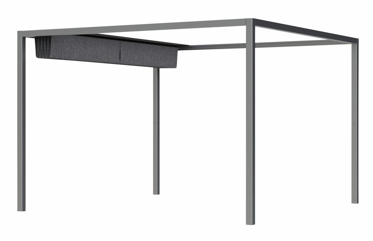 Seitliche Ansicht einer modernen Pergola mit Faltdach in Grau.