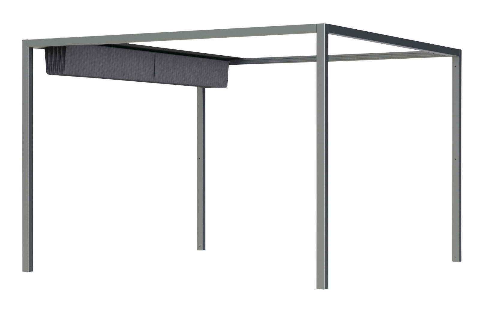 Seitliche Ansicht einer modernen Pergola mit Faltdach in Grau.