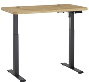 Elektrisch höhenverstellbarer Schreibtisch mit Holzplatte und schwarzen Metallbeinen, seitliche Perspektive