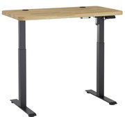 Elektrisch höhenverstellbarer Schreibtisch mit Holzplatte und schwarzen Metallbeinen, seitliche Perspektive