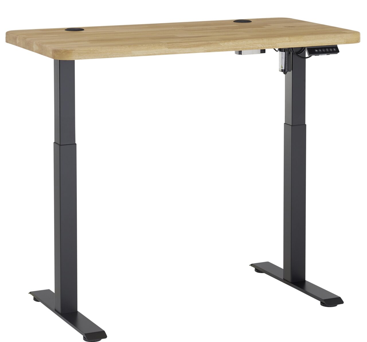 Elektrisch höhenverstellbarer Schreibtisch mit Holzplatte und schwarzen Metallbeinen, seitliche Perspektive