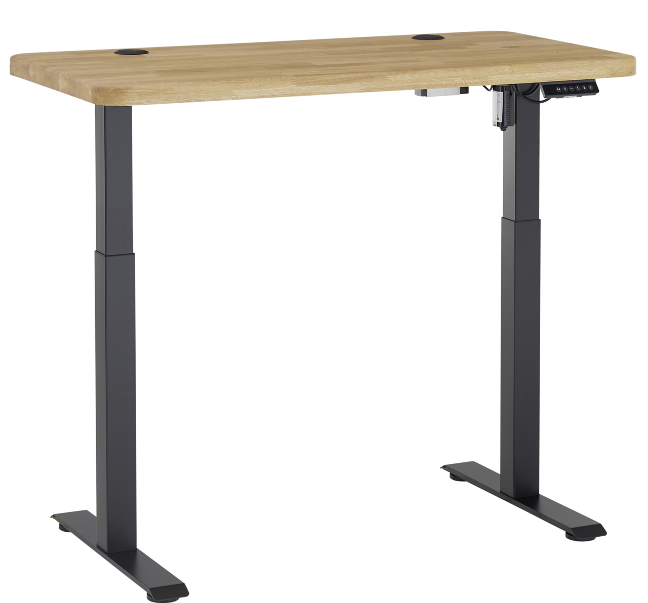 Elektrisch höhenverstellbarer Schreibtisch mit Holzplatte und schwarzen Metallbeinen, seitliche Perspektive