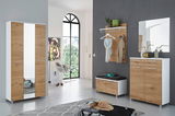Moderne Garderobeneinrichtung mit Holz- und Weißakzenten, bestehend aus einem Dielenschrank mit Spiegel, einem Garderobenpaneel mit Haken und Ablage, einer Garderobenbank und einem Schuhschrank, in einer hellen, stilvollen Umgebung. Perspektive: Frontalan