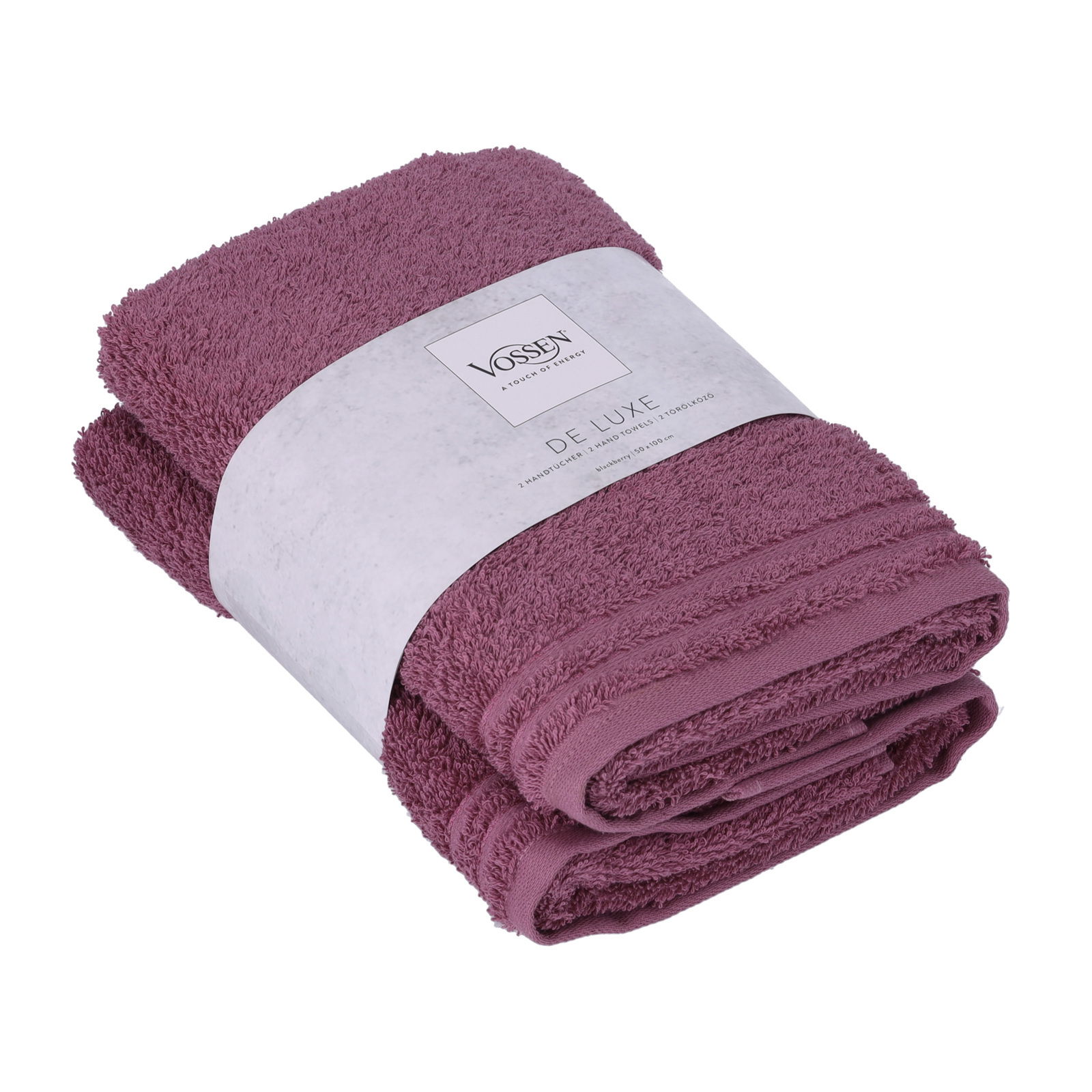 Zwei luxuriöse, lila Handtücher von Vossen, gefaltet und von schräg oben fotografiert.