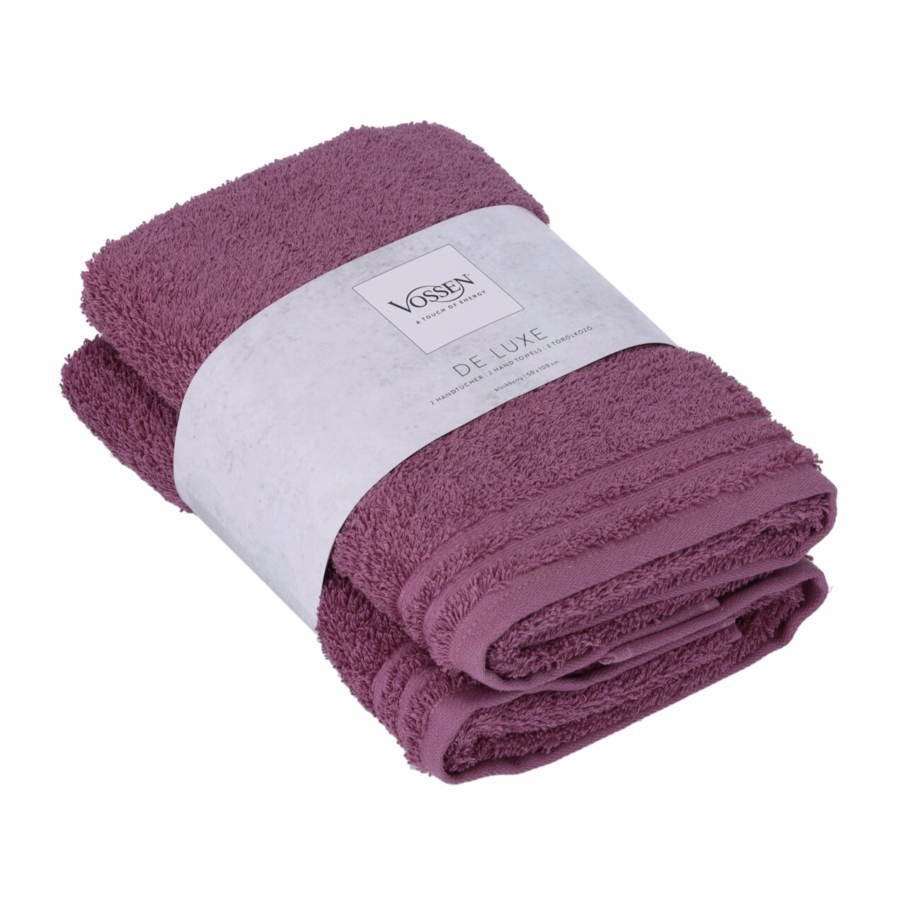 Vossen Handtuchset 2-tlg. DE LUXE Zwei luxuriöse, lila Handtücher von Vossen, gefaltet und von schräg oben fotografiert.