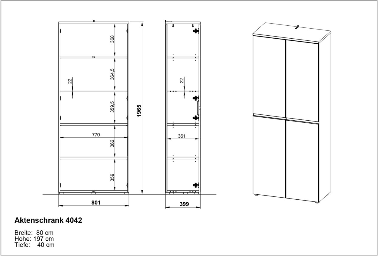 Zeichnung eines Aktenschranks mit den Maßen: Breite 80 cm, Höhe 197 cm, Tiefe 40 cm, Frontansicht und perspektivische Ansicht von rechts.