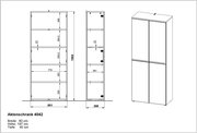 Zeichnung eines Aktenschranks mit den Maßen: Breite 80 cm, Höhe 197 cm, Tiefe 40 cm, Frontansicht und perspektivische Ansicht von rechts.