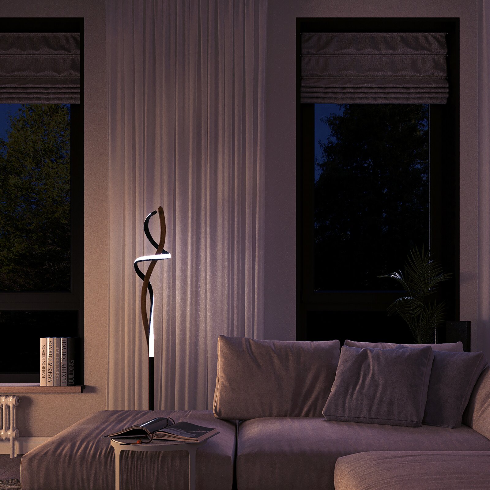 Moderne LED-Stehleuchte mit geschwungenem Design in einem stilvollen Wohnzimmer, seitliche Perspektive.