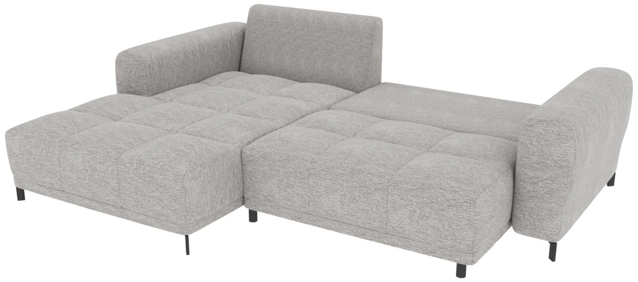 Hellgraues, gepolstertes Schlafsofa mit gesteppter Liegefläche, zwei Armlehnen und schwarzen Füßen, in schräger Vorderansicht freigestellt auf weißem Hintergrund