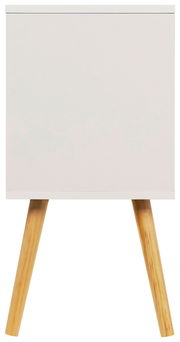 Weiße Nachtkommode mit Holzbeinen, Frontalansicht