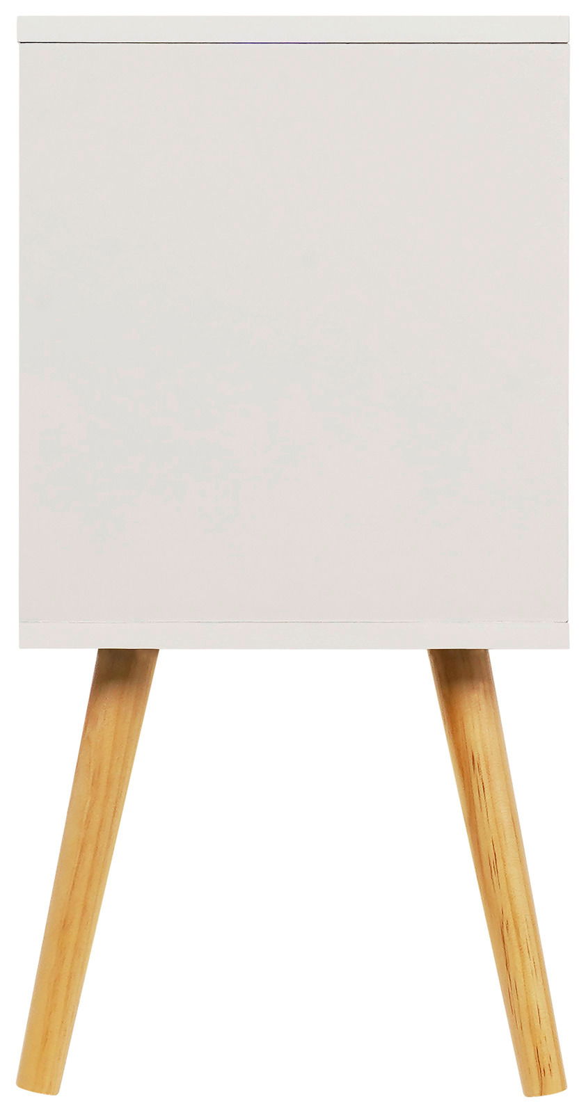 Weiße Nachtkommode mit Holzbeinen, Frontalansicht