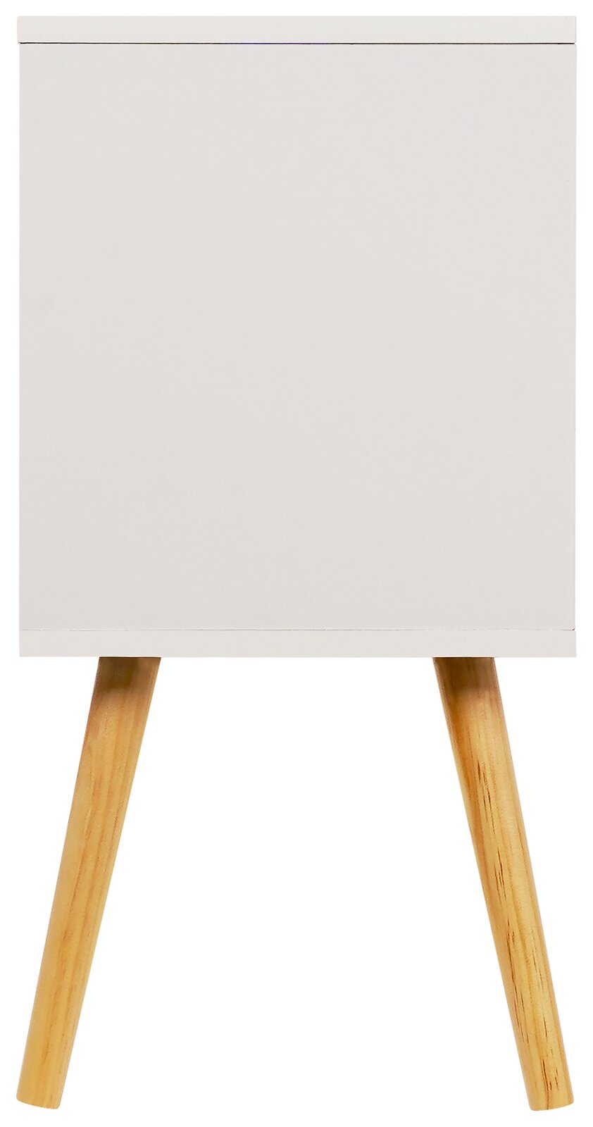 Weiße Nachtkommode mit Holzbeinen, Frontalansicht