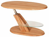 Moderner Couchtisch aus Holz mit ovaler Glasablage, seitliche Perspektive