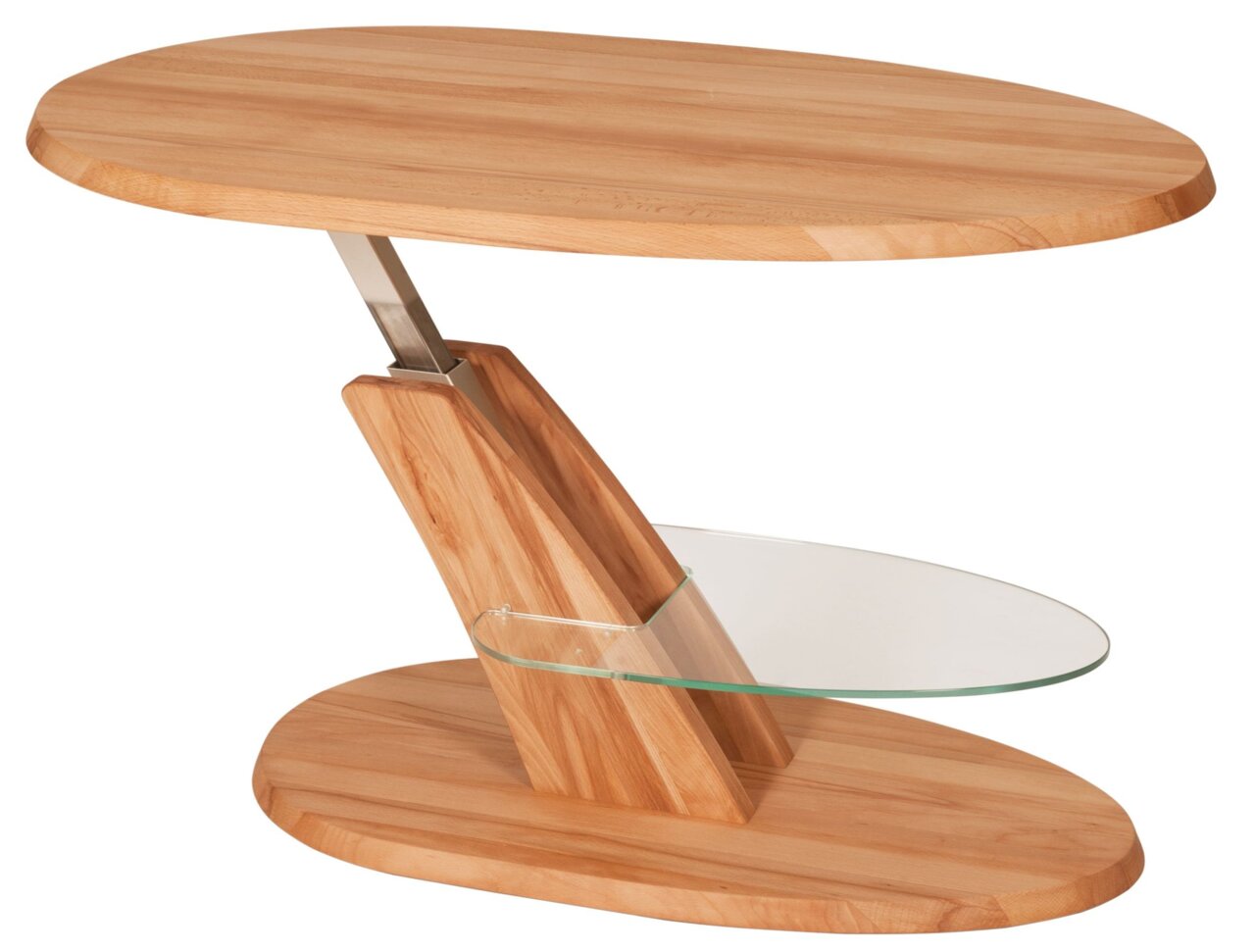 Moderner Couchtisch aus Holz mit ovaler Glasablage, seitliche Perspektive