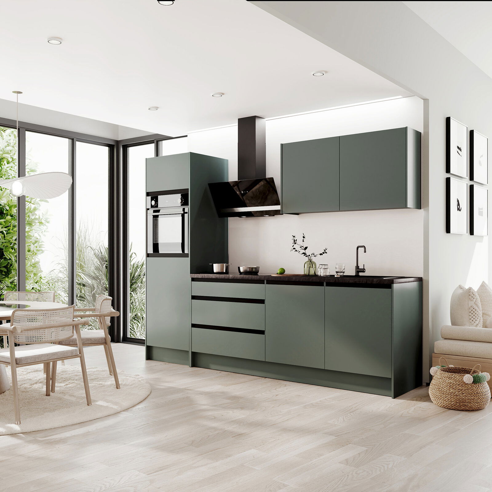 Yourkitchen Küchenblock Premium 273 TROJA Moderne Küche mit grün-grauen Schränken, eingebautem Ofen und Dunstabzugshaube, Blick von der Seite