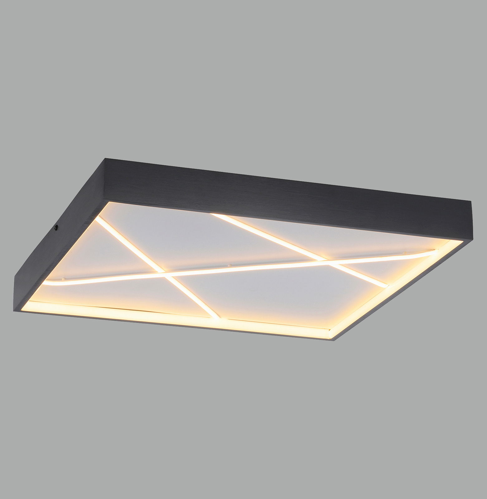 Moderne quadratische Deckenleuchte mit geometrischem Muster, seitliche Perspektive