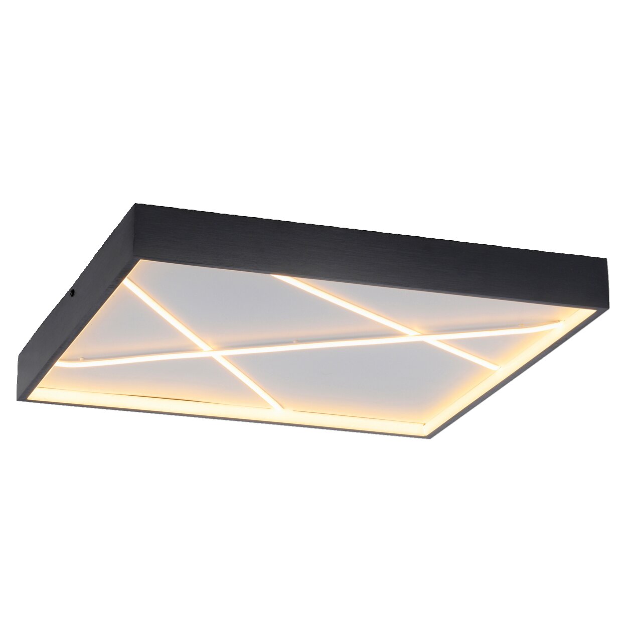 Moderne quadratische Deckenleuchte mit geometrischem Muster, seitliche Perspektive