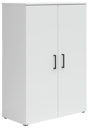 Weiße Kommode mit zwei Türen und schwarzen Griffen, seitliche Perspektive