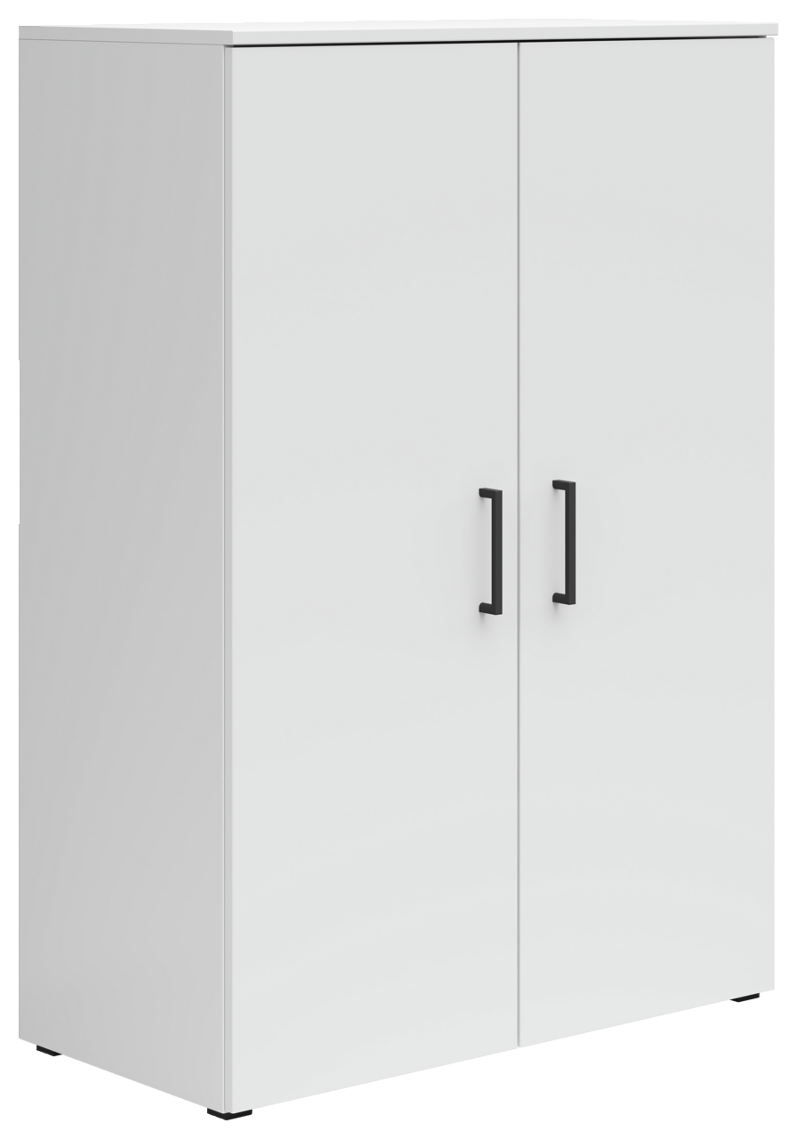 Weiße Kommode mit zwei Türen und schwarzen Griffen, seitliche Perspektive