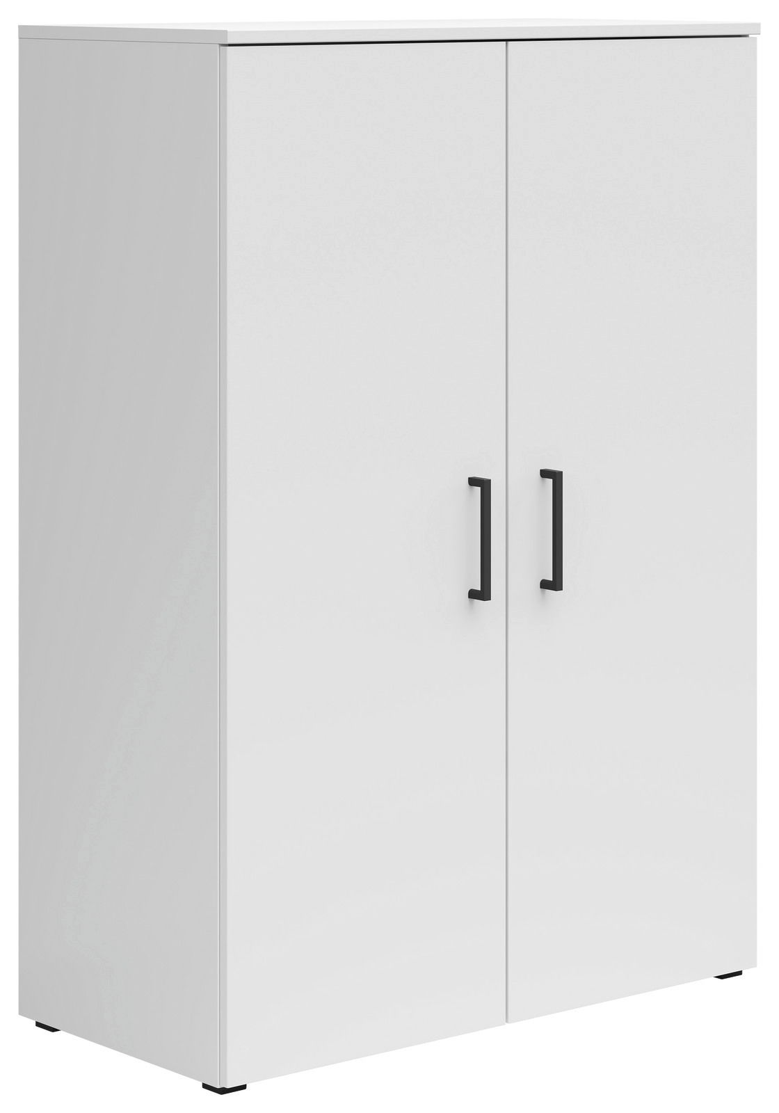 Weiße Kommode mit zwei Türen und schwarzen Griffen, seitliche Perspektive