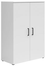 Weiße Kommode mit zwei Türen und schwarzen Griffen, seitliche Perspektive