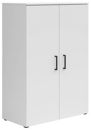 Weiße Kommode mit zwei Türen und schwarzen Griffen, seitliche Perspektive