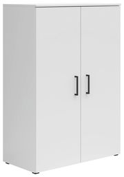 Weiße Kommode mit zwei Türen und schwarzen Griffen, seitliche Perspektive