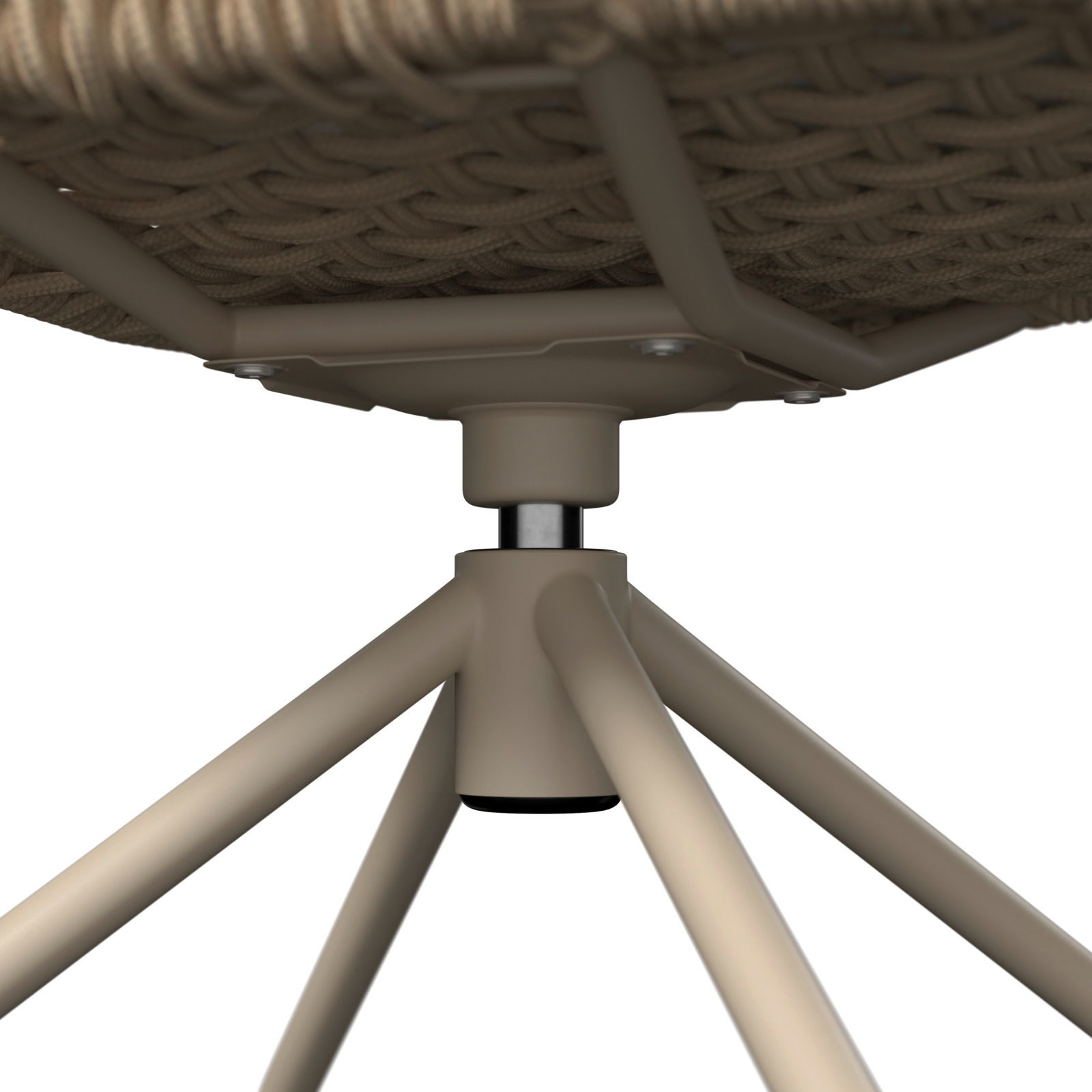 Nahaufnahme der Unterseite eines Armlehnstuhls mit geflochtener Sitzfläche und stabilen Metallbeinen, Perspektive von unten.