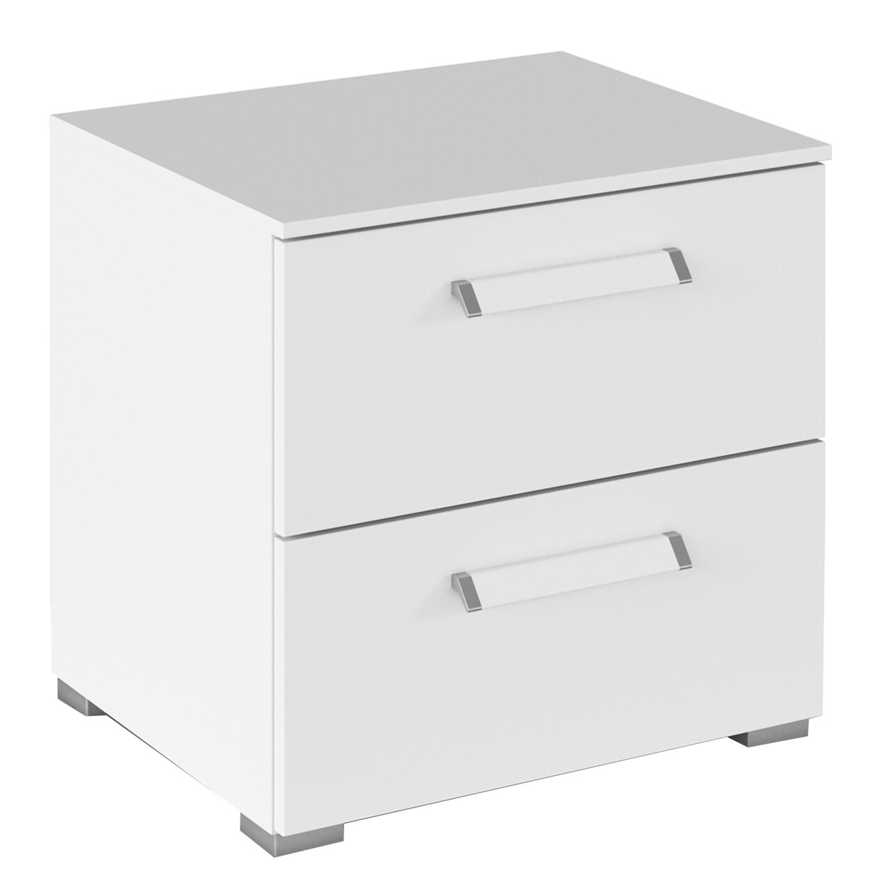 Intro Nachttisch RUDI Weißer Nachttisch mit zwei Schubladen, seitliche Perspektive