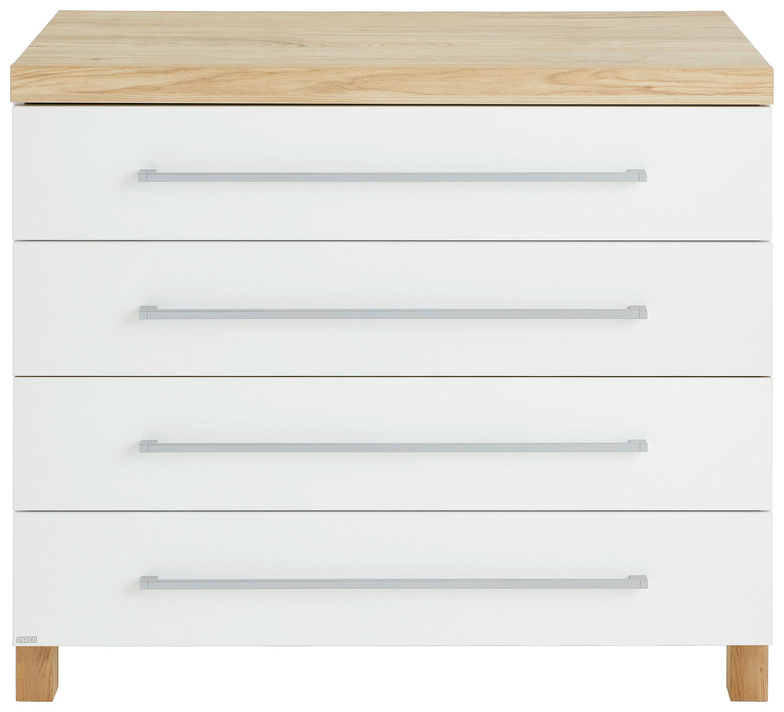 Weiße Kommode mit vier Schubladen und einer Holzoberfläche, frontale Ansicht