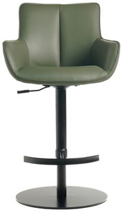Grüner Barhocker mit Armlehnen und schwarzem Standfuß, Frontalansicht