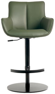 Grüner Barhocker mit Armlehnen und schwarzem Standfuß, Frontalansicht