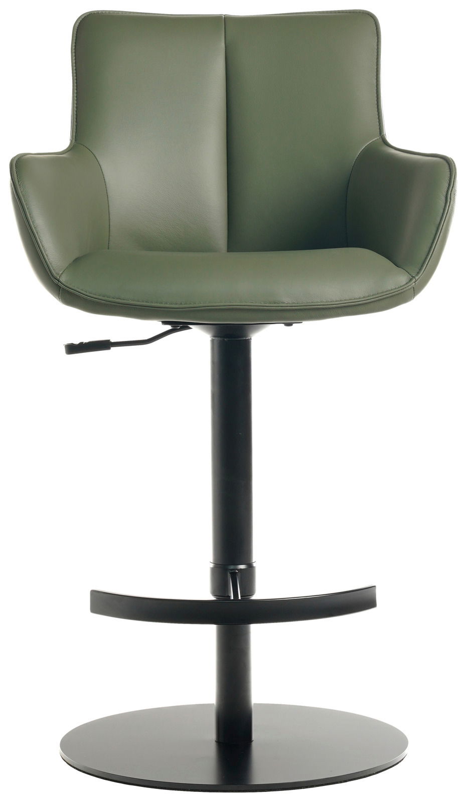 Grüner Barhocker mit Armlehnen und schwarzem Standfuß, Frontalansicht