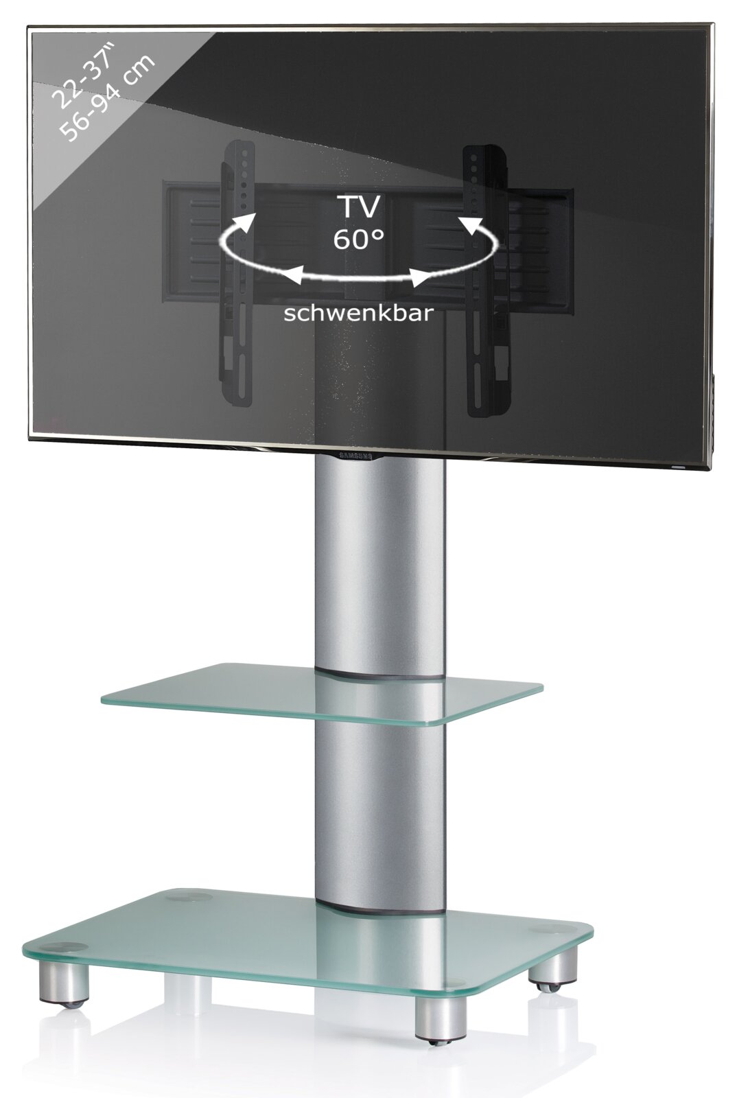 Schwenkbarer TV-Standfuß mit Glasböden und silberner Säule, geeignet für 22–37 Zoll (56–94 cm) Fernseher, 60° schwenkbar, Produktansicht frontal/leicht schräg von vorn.