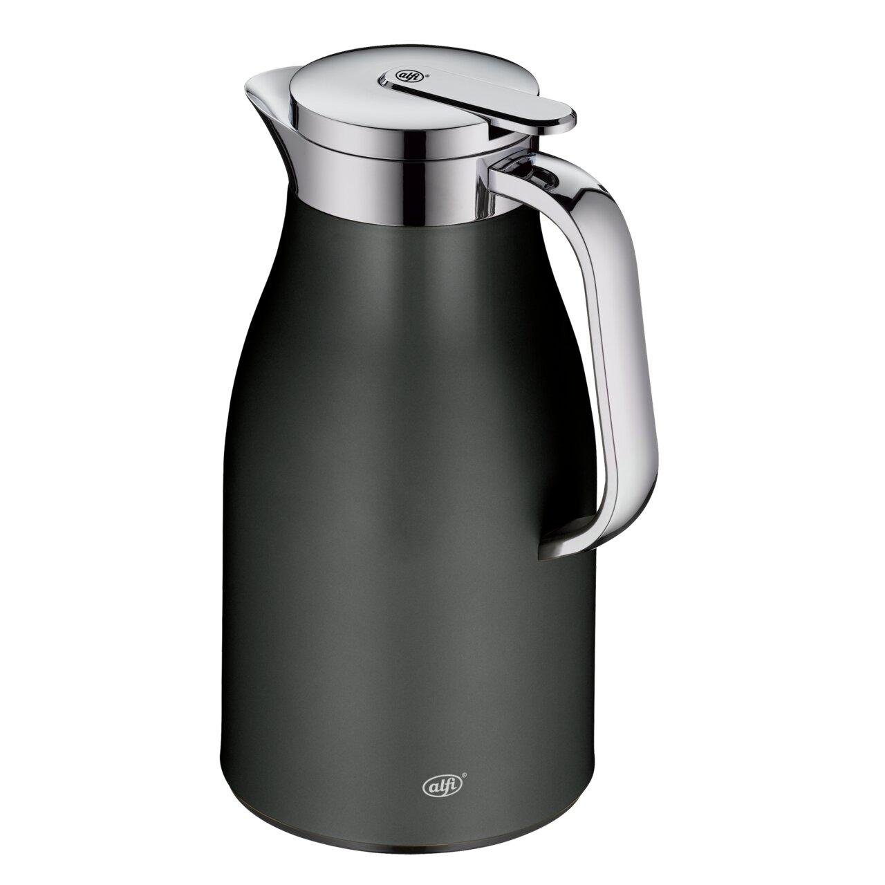 Thermoskanne in cool grey mit glänzendem Griff und Deckel, seitliche Perspektive
