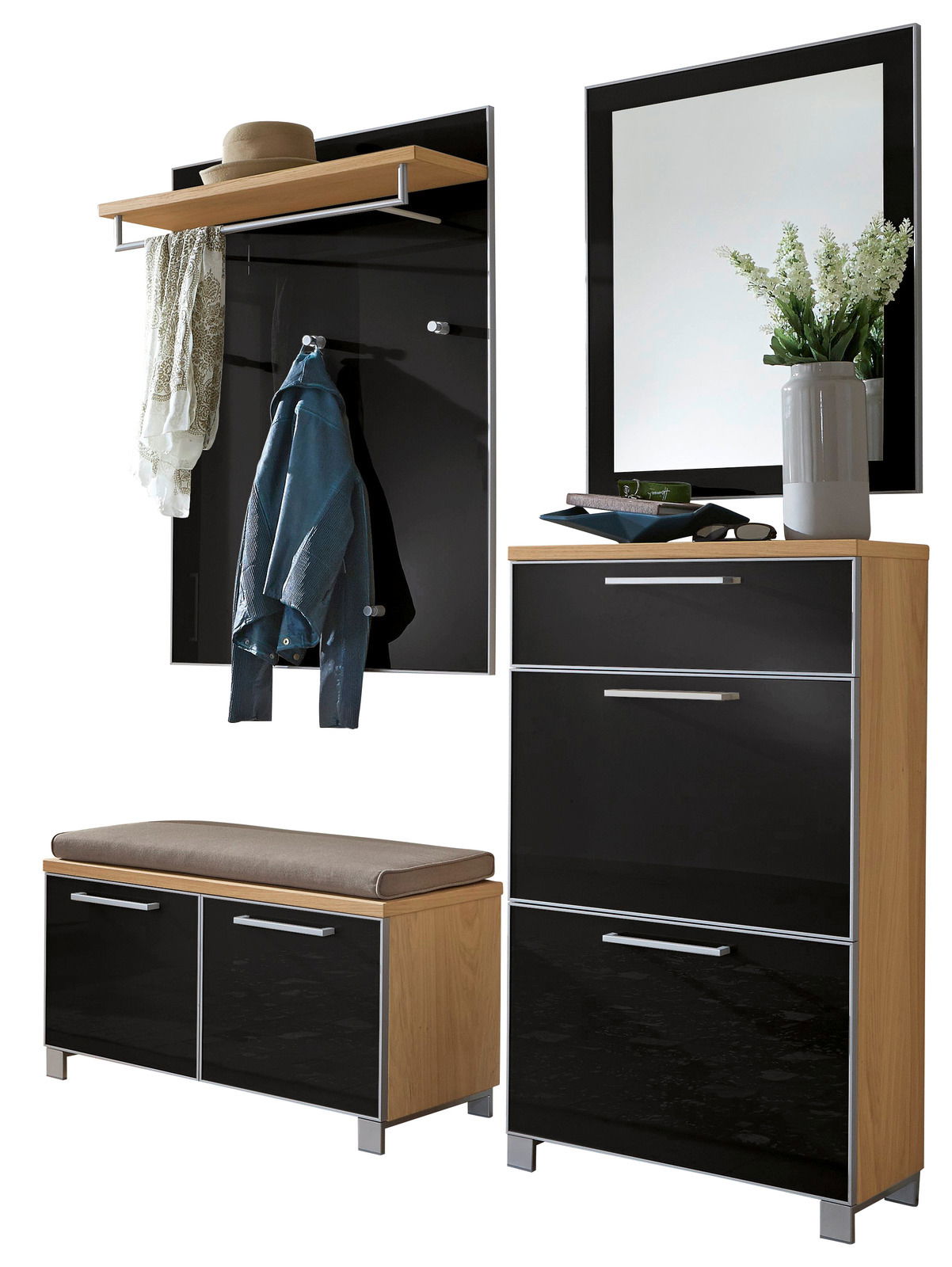 Garderoben-Set 5-tlg. in modernem Design mit schwarzem Hochglanz und Holzoptik, bestehend aus Spiegel, Schuhschrank, Sitzbank und Wandpaneel mit Haken, seitliche Perspektive