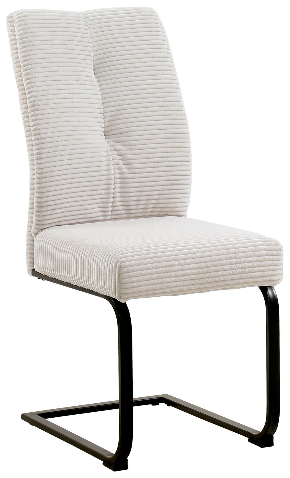 Moderner Schwingstuhl ARNE mit cremefarbenem, geripptem Stoffbezug und schwarzem Metallgestell, seitliche Perspektive.