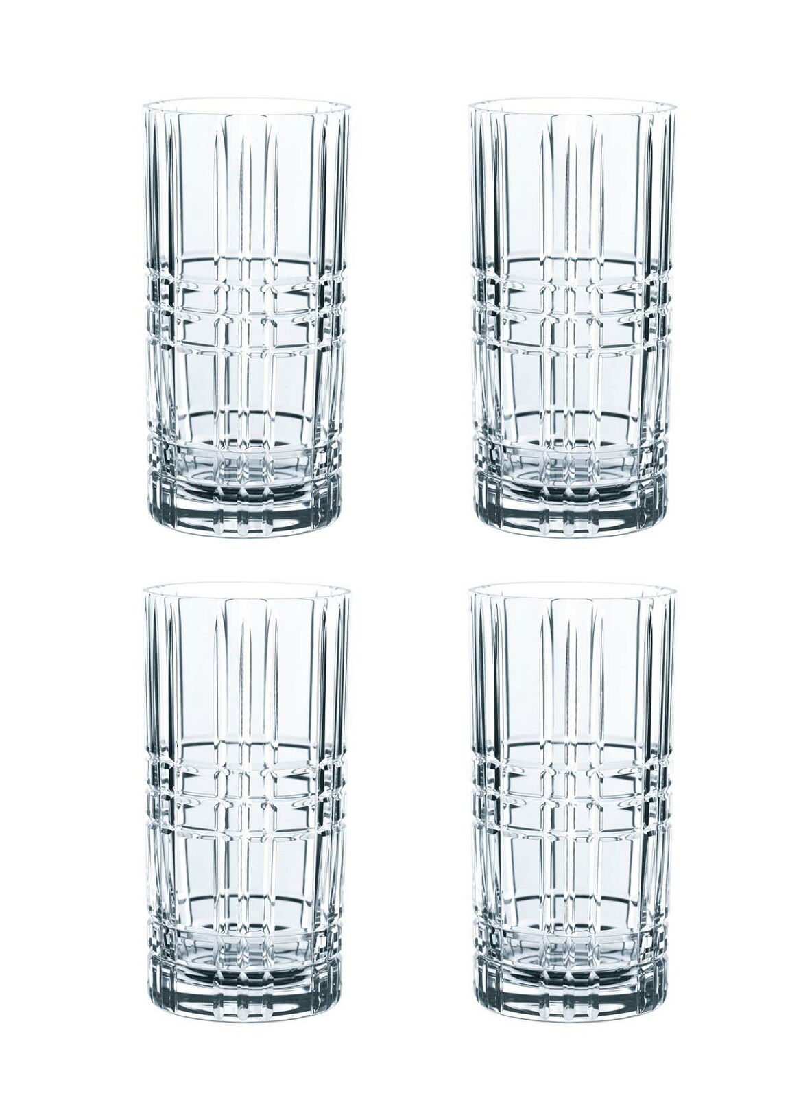 Set aus vier Longdrinkgläsern mit quadratischem Muster, frontal abgebildet.