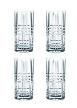 Set aus vier Longdrinkgläsern mit quadratischem Muster, frontal abgebildet.