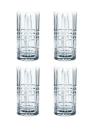 Set aus vier Longdrinkgläsern mit quadratischem Muster, frontal abgebildet.