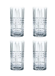 Set aus vier Longdrinkgläsern mit quadratischem Muster, frontal abgebildet.