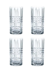 Set van vier longdrinkglazen met vierkant patroon, afgebeeld van voren.